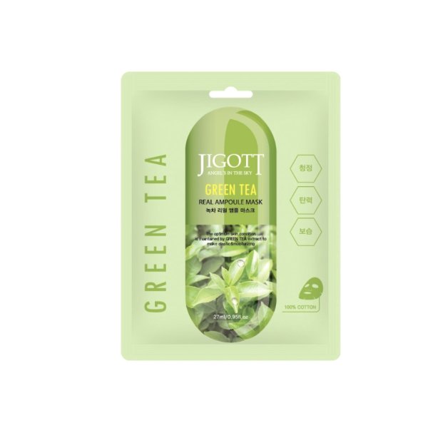 Jigott Тканевая маска для лица Зеленый чай Green tea Real Ampoule Mask 10 шт